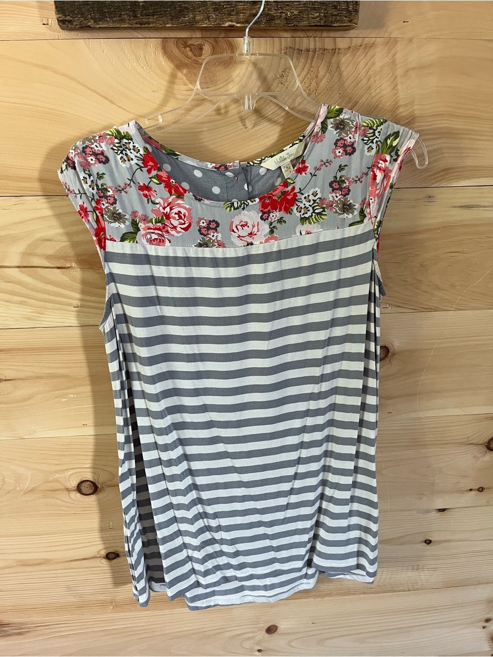 Matilda Jane Picket Fence Grey Striped Polka Dot Tunic Top Size S Cap Sleeve